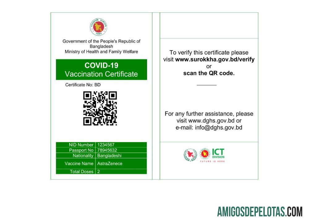 imprimível Modelo Word e PDF de certificado de vacinação COVID 19 de Bangladesh